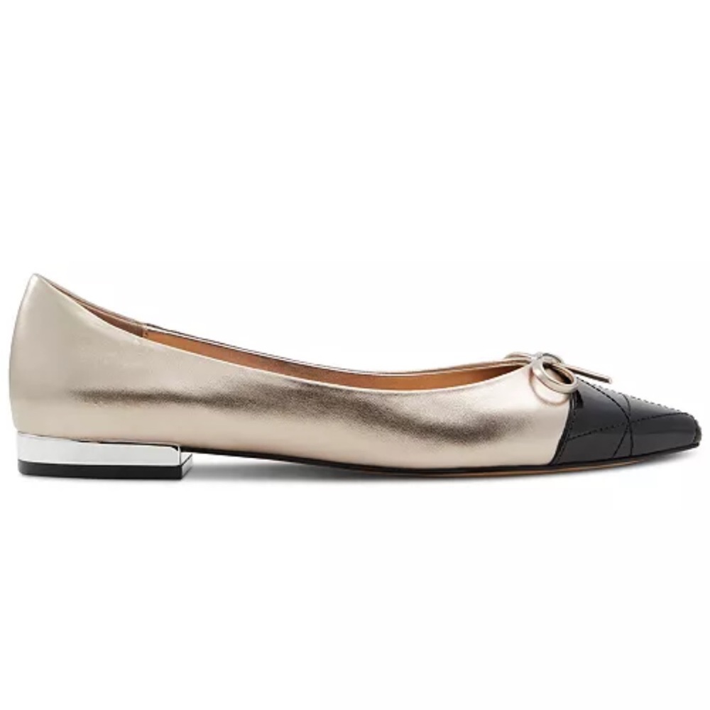 ALDO Maddelyn Pointed Toe Flats Bow Cap Toe Gold Black NWOT - Picture 3 of 10